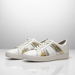 MICHAEL KORS WHITE LEATHER CONRAD SNEAKER WITH SILVER AND GOLD SIZE 8